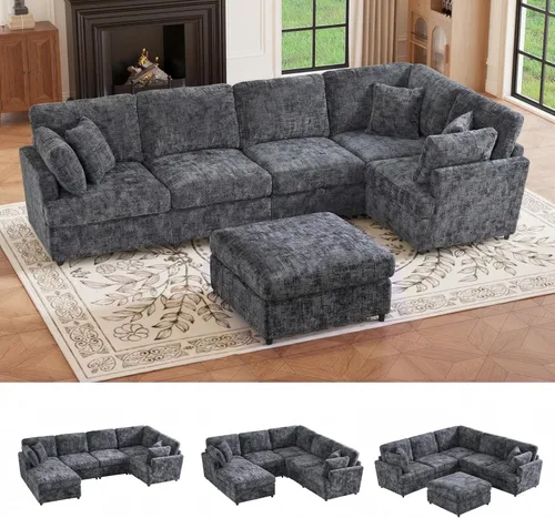 Vista 16 de Sofá seccional modular de 97 pulgadas con 5 asientos, sofá cómodo convertible en forma de L con almacenamiento en reposabrazos y dos almohadas