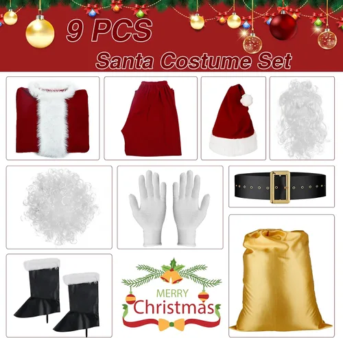 Vista 3 de PrettyQueen Disfraz de Papá Noel para hombres, traje profesional de Papá Noel, para adultos, hombres, disfraz de Papá Noel, de lujo, 9 piezas