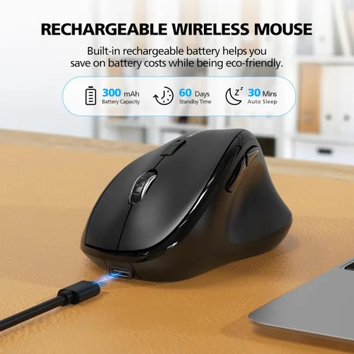 Vista 4 de Ratón inalámbrico Bluetooth ergonómico vertical para computadora portátil, MacBook, iPad, tableta, recargable, silencioso, clic, USB, túnel Negro