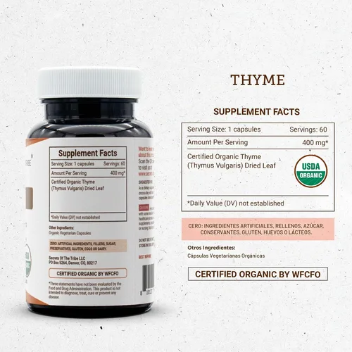Vista 4 de Secrets of the Tribe Tomillo 60 Cápsulas, 400 mg, USDA Organic Thyme (Thymus Vulgaris) Hoja Seca (60 Cápsulas)