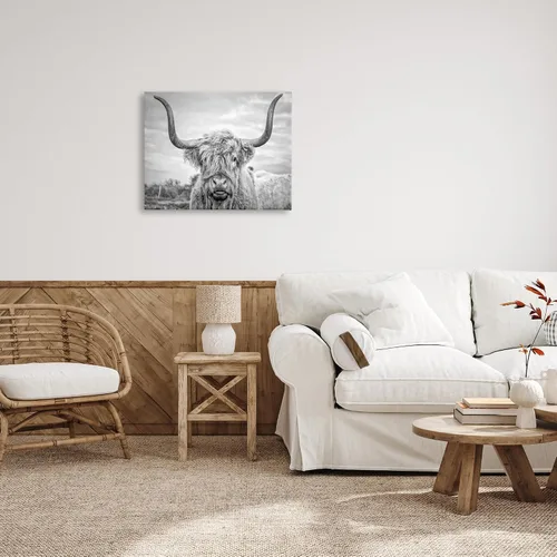 Vista 3 de Stupell Industries Lienzo decorativo para pared, diseño de vaca de las tierras altas en blanco y negro por Joe Reynolds, 24 x 30 pulgadas Stupell