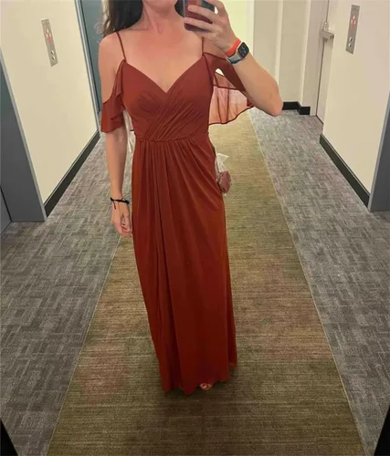 Vista 6 de Cold Shoulder Bridesmaid Dresses with Long Slit Chiffon Pleated Formal Party Gowns for Women