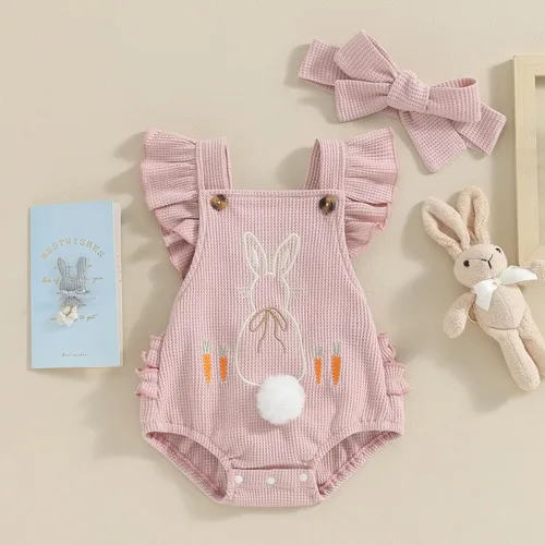 Vista 2 de Ropa de verano para bebé recién nacida, con volantes, sin mangas, con diadema