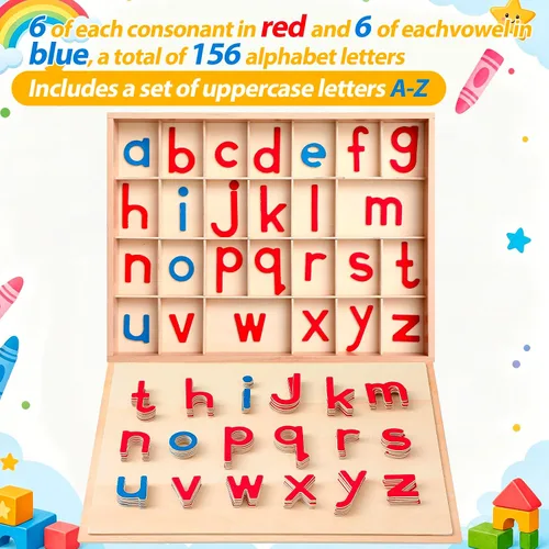 Vista 3 de Juexica Montessori Letters Movable Wood Alphabet with Box and Large Mat Small Wooden Alphabet Montessori Trays Preschool Spelling Learning Language