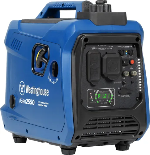 Vista 12 de Westinghouse Generador inversor portátil súper silencioso y ligero de 2550 vatios pico, salida de 30 A listo para RV, alimentado a gas y propano
