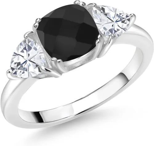 Vista 22 de 925 Sterling Silver Gemstone Birthstone and White Moissanite 3-Stone Engagement Ring for Women 7MM Cushion and 5MM Trillion Accents Three Stone