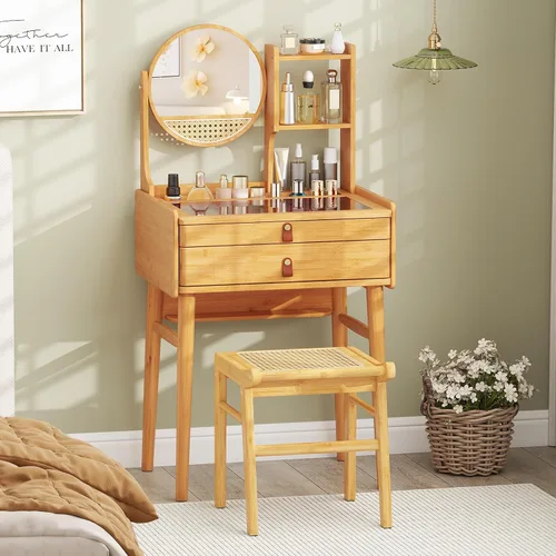 Vista 9 de Escritorio de tocador bohemio con espejo, mesa de tocador de maquillaje de bambú con 2 cajones de almacenamiento, estantes de gabinete y mesa