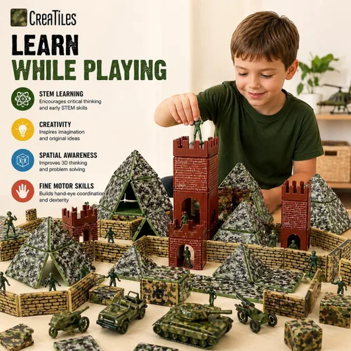 Vista 2 de Bloques de Construcción de Azulejos Magnéticos con Base de Campo de Batalla Militar - Juego con Temática de Guerra del Ejército para Construcción