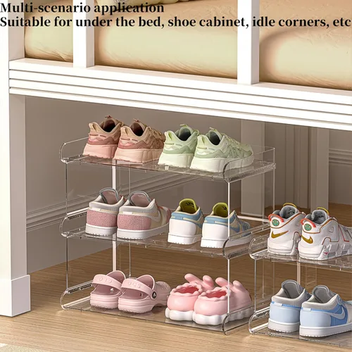 Vista 2 de Zapatero acrílico de 2 niveles para niños, organizador de zapatos para zapatos y botas, estante transparente para zapatos para armario, organizador