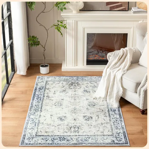 Vista 244 de Istana Alfombra larga antideslizante de 2.5 x 8 para el hogar, para pasillo y cocina, lavable, sedosa y suave al tacto, elegante, color azul y marfil