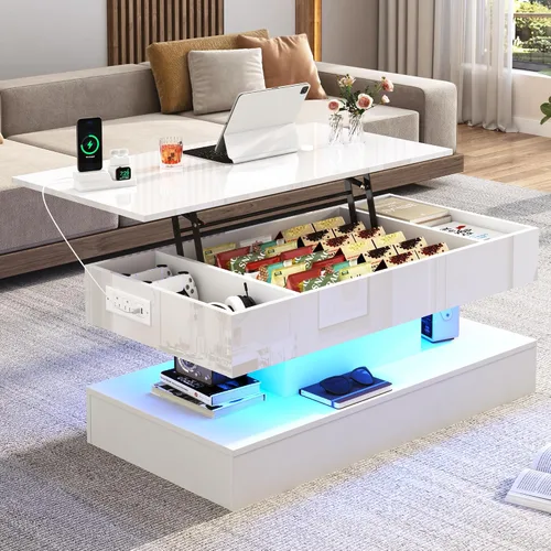 Vista 12 de 39.4" Mesa de café grande con tapa elevable, modernas mesas de café LED de alto brillo para sala de estar con almacenamiento, mesas de salón negras