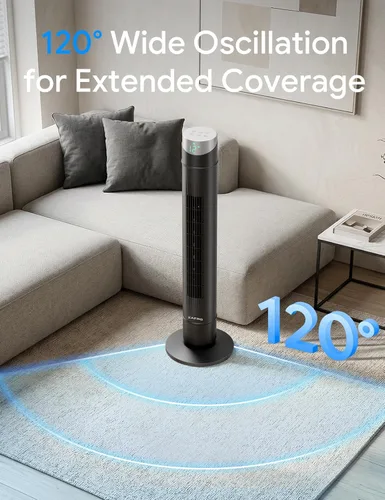 Vista 29 de ZAFRO Ventilador de torre inteligente para dormitorio, ventilador de torre oscilante de 120°, 28 pies/s de alta velocidad, 12 velocidades, 4 modos