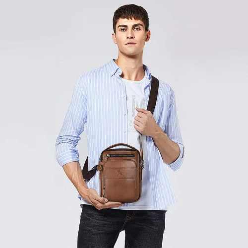 Vista 7 de BAIGIO Bolso de mensajero pequeño de cuero genuino para hombre, bolso de hombro para Ipad, bolso cruzado para hombre, bolso de viaje de negocios