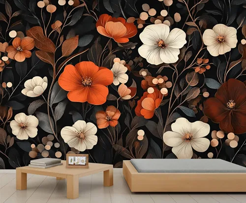 Vista 8 de Mural de pared floral retro, papel tapiz rústico floral de bar, flores abstractas 3D, impermeable, para cafetería, restaurante, sala de estar
