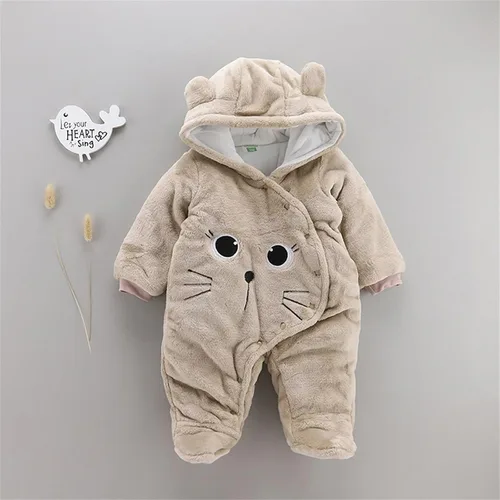 Vista 2 de TBUIALL Mameluco de terciopelo con capucha para recién nacidos, niñas y niños, diseño de gato de dibujos animados, overol grueso