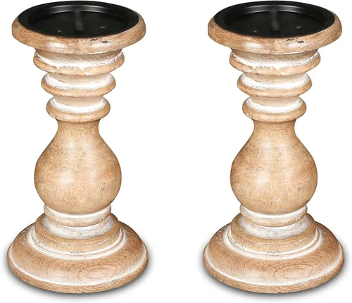 Vista 21 de Portavelas de madera rústica de color blanco lavado (juego de 2) – Soportes de pilar de 6 pulgadas de alto, decoración vintage Shabby Chic, acabado