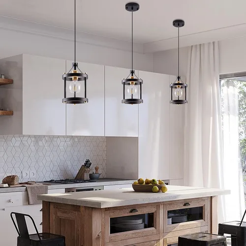 Vista 5 de MO&OK Juego de lámparas de araña de 3 luces vintage, lámparas colgantes de metal y madera estilo granja en negro, iluminación colgante de estructura