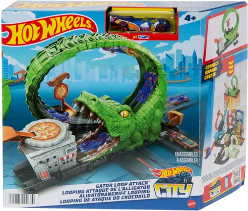 Vista 6 de Conjunto de pista de juguete Hot Wheels Gator Loop Attack en Pizza Place con coche a escala 1:64, se conecta a otros conjuntos