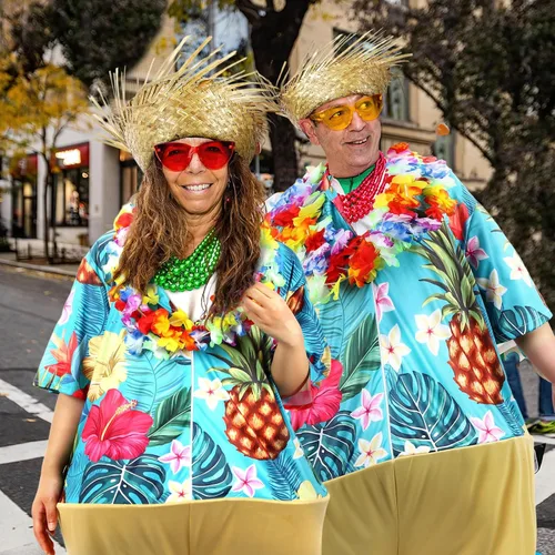 Vista 5 de Toulite 6 piezas de disfraz de turista para adultos, disfraz de viajero pegajoso, disfraces de parejas, sombrero de paja, guirnalda hawaiana