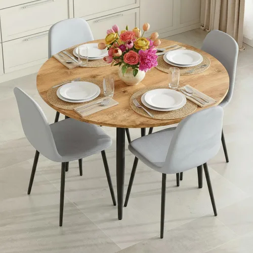 Vista 24 de FURNITO Juego de mesa de comedor de madera para 4, mesa extensible redonda a ovalada de 42 a 54 pulgadas con 4 sillas de tela, juego de comedor 4