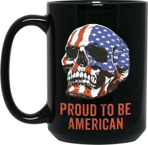 Vista 2 de Proud To Be American - Taza de café de cerámica Proud To Be American Gift – Proud To Be American Skull American Flag Taza disponible en 11 o 15 oz