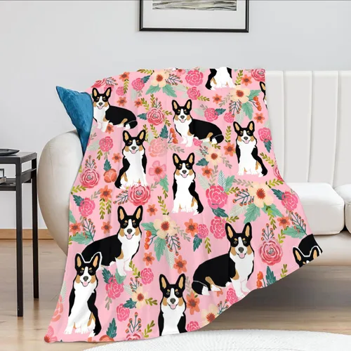 Vista 3 de Manta de Corgi regalos para las amantes de Corgi para mujeres, lindas flores corgis, manta de franela de forro polar, suave y cálida manta rosa