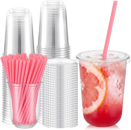 Vista 17 de Ziliny Juego de 50 vasos de plástico de paja negra con pajitas y tapas en forma de corazón, tazas desechables para café helado, mascotas