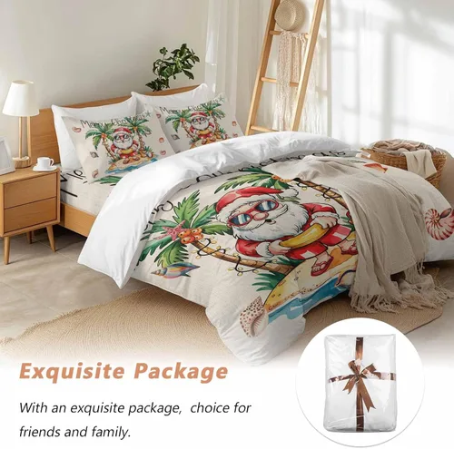 Vista 7 de Juego de funda de edredón de Papá Noel de Navidad, tamaño individual, edredón de microfibra suave, edredón de cama con estampado + funda con sábana