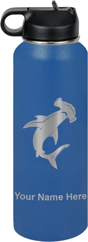 Vista 24 de LaserGram Botella de agua personalizada, tiburón martillo, acero inoxidable de doble pared aislada al vacío con popote superior, regalo grabado