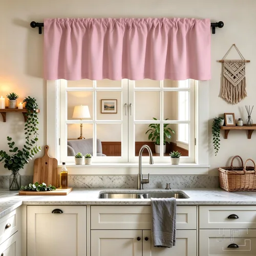 Vista 30 de Cenefa Beige Oscurecedora para Ventana, Cortina Corta con Bolsillo para Barra, Cenefa Primitiva para Sala de Estar, Baño, Guardería, Cocina, Ventana