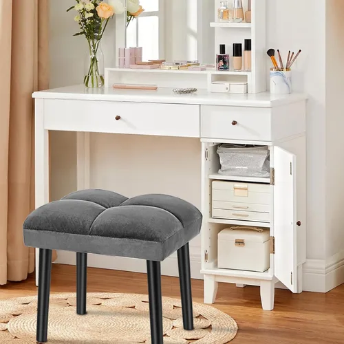 Vista 6 de Taburete de tocador gris, taburete cuadrado de maquillaje con patas de madera, silla otomana pequeña para tocador, asiento acolchado moderno