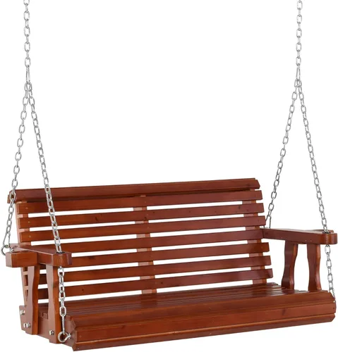 Vista 5 de Columpio doble de madera de cedro de 4 pies con cadena de hierro, 500 libras, color marrón oscuro