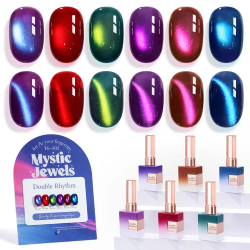 Vista 45 de Double Rhythm - Juego de esmalte de uñas de gel ojo de gato de 6 unidades, mismo color, misma botella, 14.8 ml, brillo con glitter, con imán Aurora