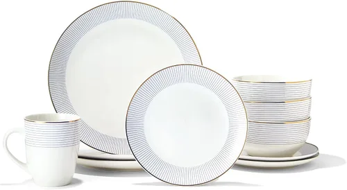 Vista 5 de Adrienne - Juego de vajilla redonda – Juego de vajilla de porcelana de 16 piezas con 4 platos llanos, 4 platos de ensalada, 4 cuencos y 4 tazas