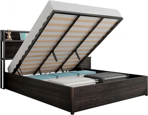 Vista 8 de Cama de Almacenamiento Elevable Tamaño Full, Marco de Cama Plataforma de Madera con Cabecera de Almacenamiento y Estación de Carga, No Necesita Negro