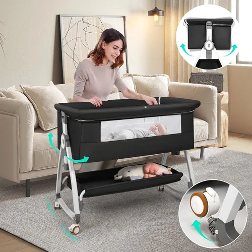 Vista 4 de VOOI Moisés para bebé junto a la cama, moisés mecedor 3 en 1 para bebé, moisés junto a la cama con ruedas, altura ajustable, cesta