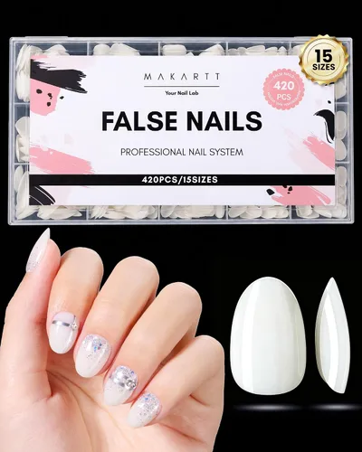 Vista 14 de Makartt Puntas de uñas de almendra blanca natural, 420 uñas postizas a presión de 15 tamaños, uñas postizas de PMMA de cobertura completa