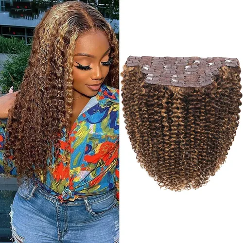 Vista 10 de Extensiones de cabello rizado kinky con clip para mujeres negras 14 pulgadas 2# marrón oscuro extensiones de cabello rizado con clip cabello humano