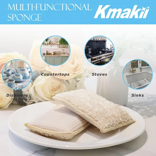 Vista 4 de KMAKII Esponjas de cocina de bambú, esponja para platos, esponjas de limpieza súper absorbentes, paquete de 12