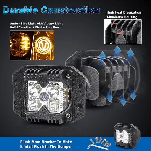 Vista 3 de Luces LED de Montaje Empotrado, POVTOR Luces LED Pod de 40W con Logo V Separado de Doble Lado Ámbar Sólido y Estroboscópico Haz Combo Luces Todo