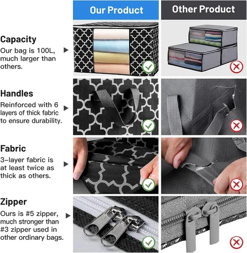 Vista 3 de ISELIFE Bolsas de Almacenamiento 100L Paquete de 2 Bolsas Grandes para Mantas y Ropa, Contenedores de Organización y Almacenamiento para Ropa