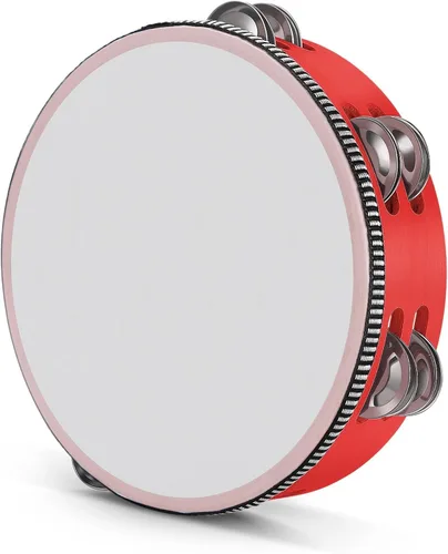 Vista 12 de Flexzion Pandereta de madera de mano para adultos de 6 pulgadas, doble fila de 8 pares de jingles (rojo) - Instrumento musical de pandereta redonda