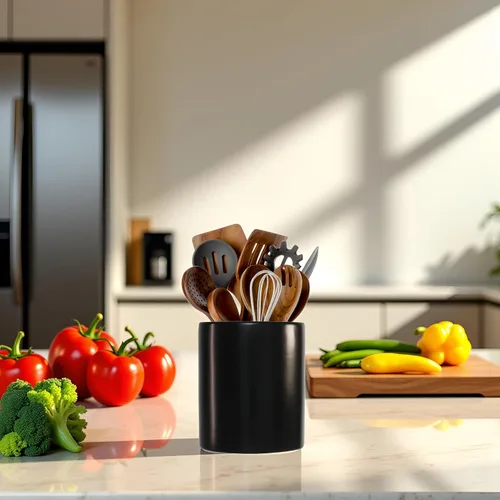 Vista 2 de Portautensilios de cocina, Portautensilios grandes para encimera, Recipiente de cerámica para utensilios, Profundo y estable, Portautensilios