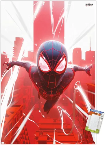 Vista 11 de Marvel's Spider-Man: Miles Morales - Póster de Falling Wall, 22.4 pulgadas de largo x 14.7 pulgadas de ancho, versión enmarcada de madera de granero