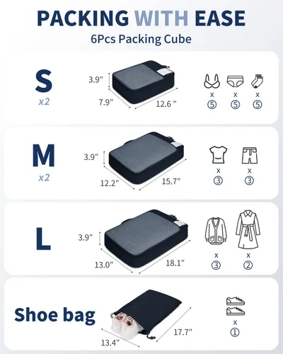 Vista 2 de ECOHUB Juego de 46 cubos de embalaje para viaje duraderos para maleta, juego de bolsas organizadoras con etiqueta personalizada, varios tamaños