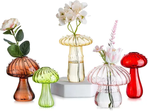 Vista 8 de Glasseam Jarrón de Seta de Cristal Ámbar: Lindo Juego de Jarrones Pequeños para Flores de 5 Jarrones Únicos Mini para Capullos para Centros de Mesa