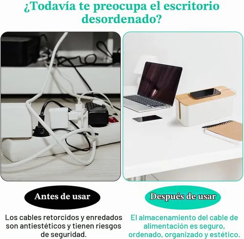 Vista 5 de Caja de ordenamiento de cables blanco con tapa de bambú, organizador de cables, caja de gestión de cables para ocultar cables y enchufes