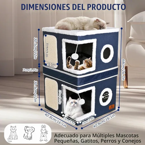 Vista 2 de Casa de Gato de 2 Pisos para Gatos de Interior, Cama de Cueva de Gato de Dos Propósitos con Almohadilla para Arañar y Bola Esponjosa, Escondite