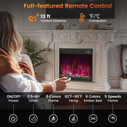 Vista 8 de SIMOE Inserto de chimenea eléctrica de 18 pulgadas, inserto de chimenea empotrado de 1500 W, pequeño con control remoto, temporizador de 0.5-9H, 8