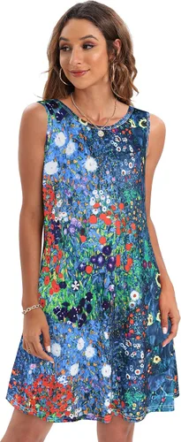Vista 3 de elescat Vestidos de verano para mujer, estilo casual, sin mangas, estampado floral, holgado, con bolsillo